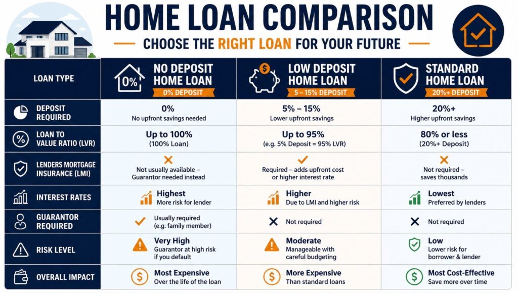 A table comparing no deposit home loan vs low deposit home loan vs standard home loans. 