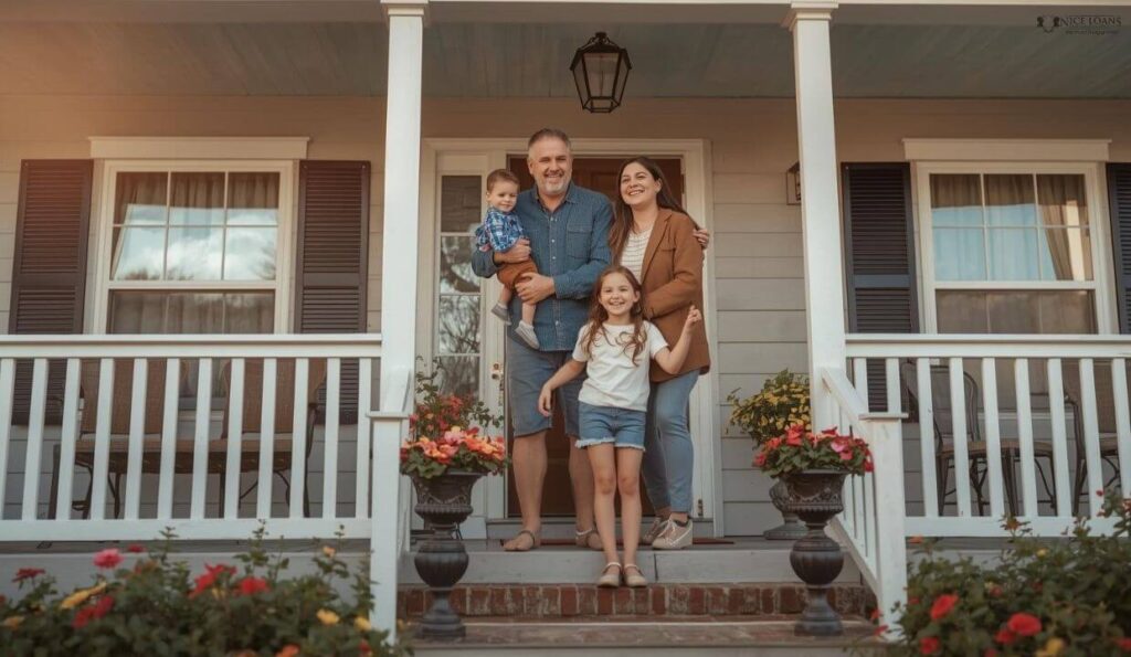 A happy family of four on the porch of their home. 