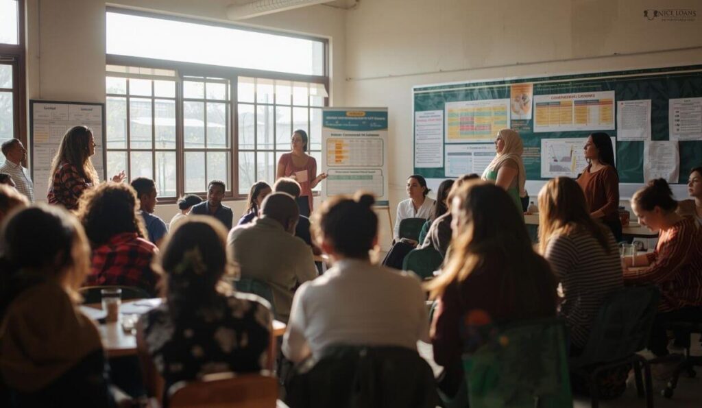 A big group of people listening to a person speak in a classroom setting. 