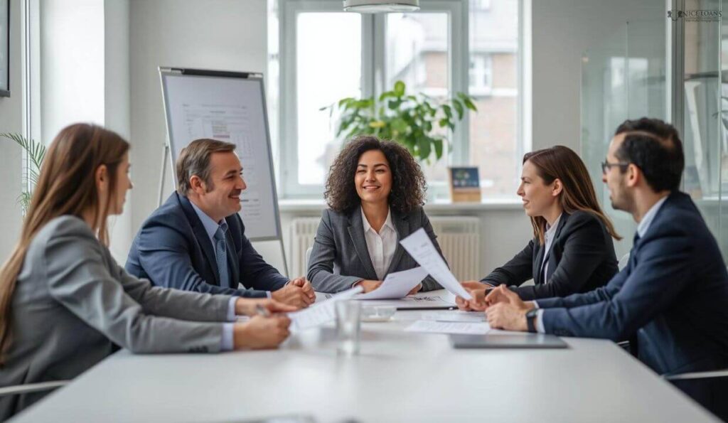 A group of professionals in a meeting. 