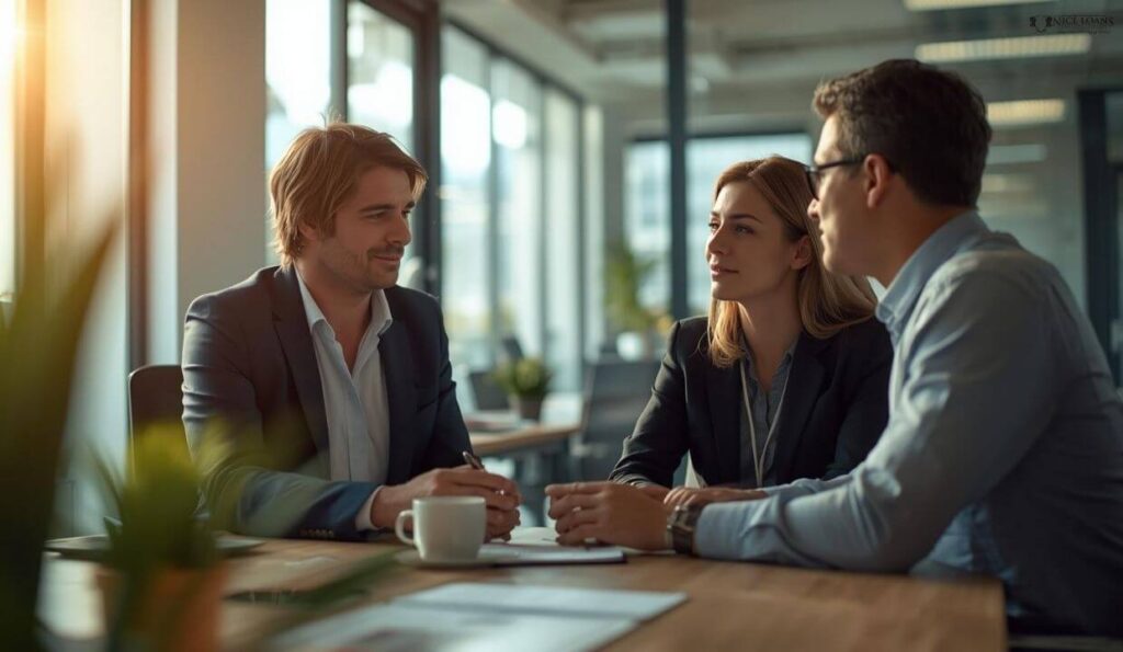 A group of professionals in the middle of a meeting.