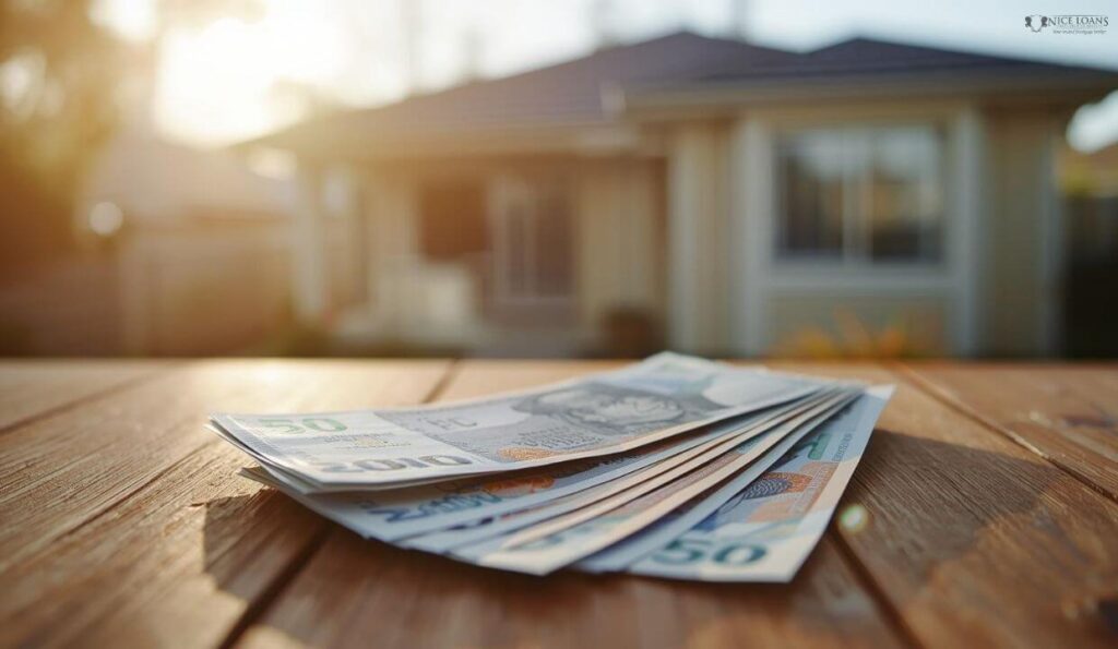 A home in the backdrop with some money in front.