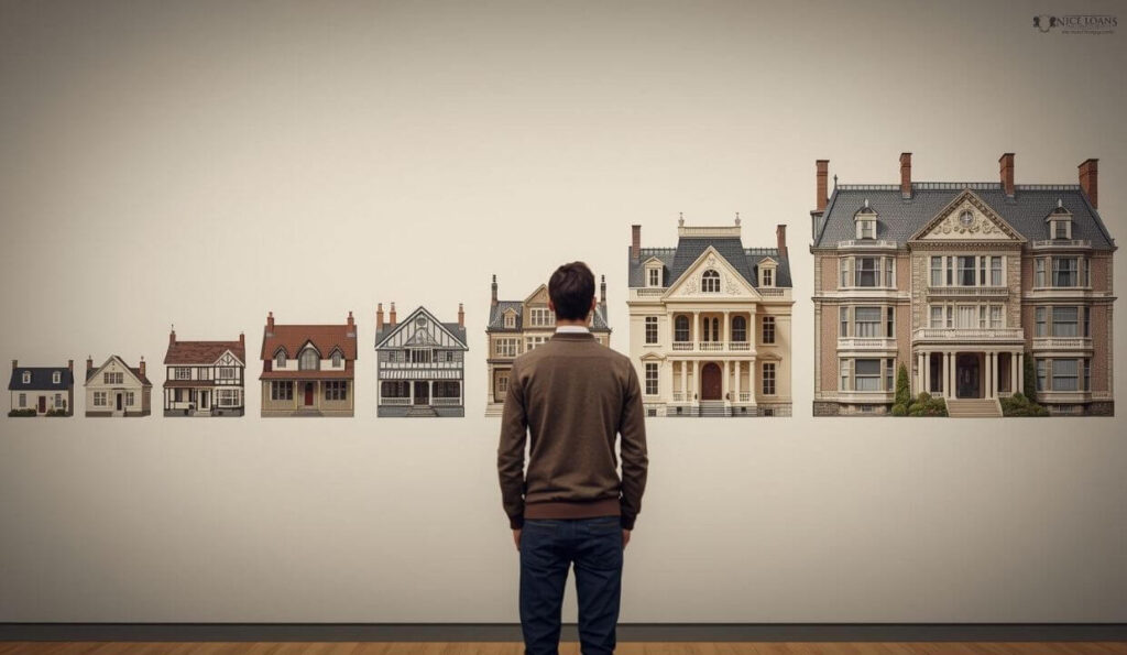 A man viewing a series of homes beginning from a smaller home to a mansion. 