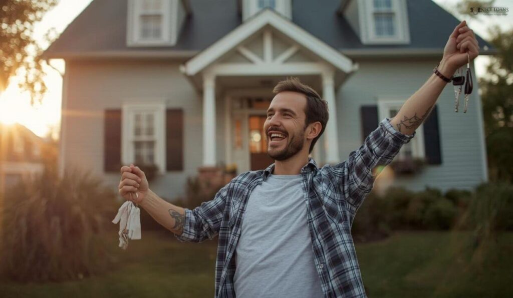 a man before a home with the keys, looking happy.