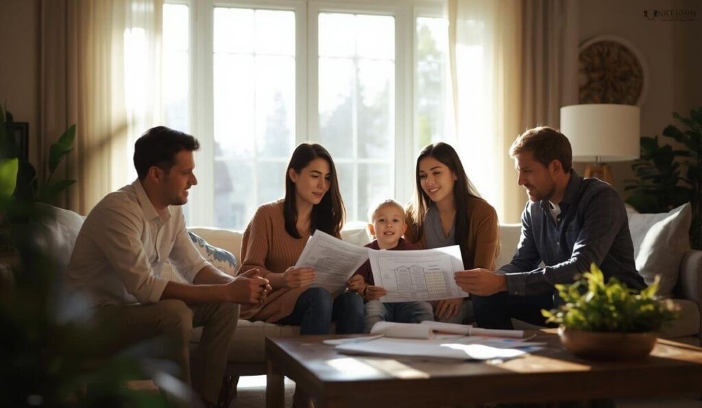 A group of family members looking through important home loan documents. 