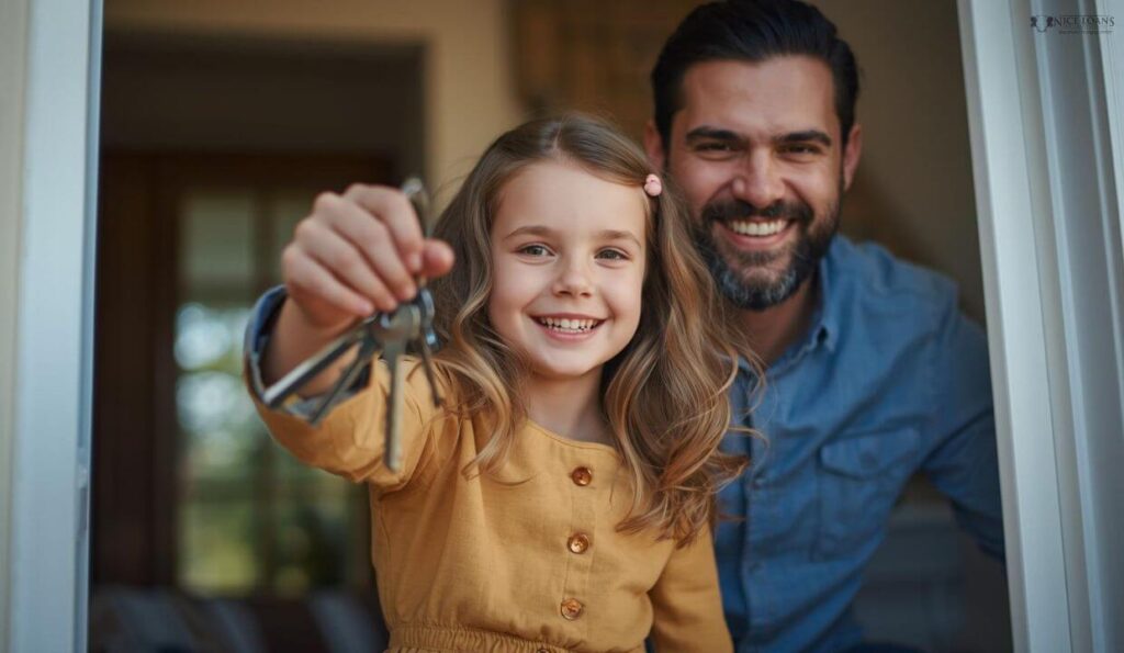 A man crouched behind his young daughter whos holding a bunch of keys in her hand. 