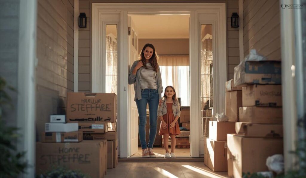 A woman and her daughter at the doorstep of their home, smiling bright. 