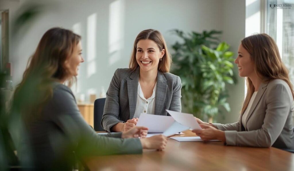 Three women deep in discussion at a table. 