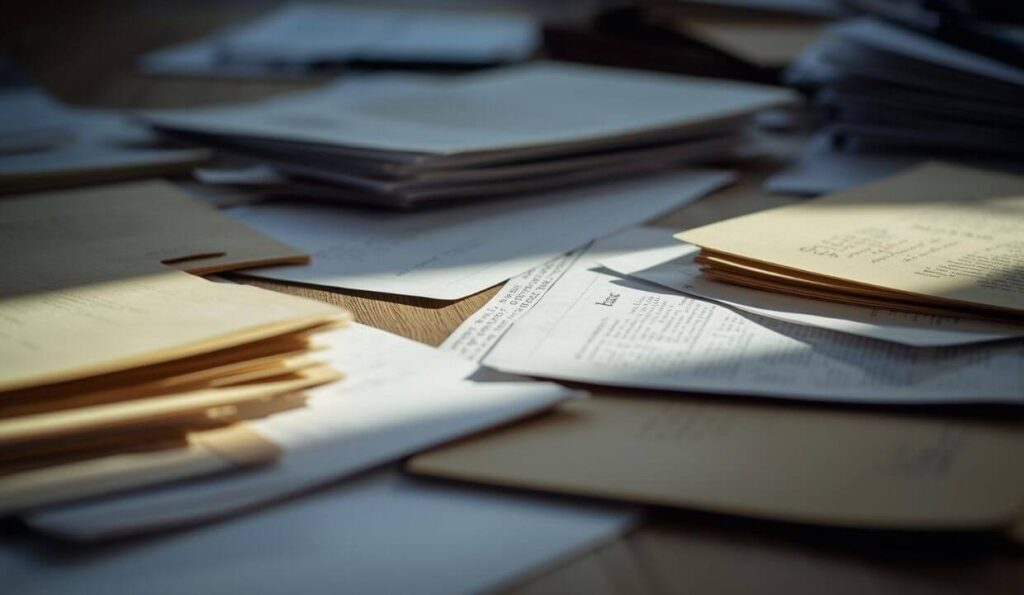 a bunch of important documents on the table. 