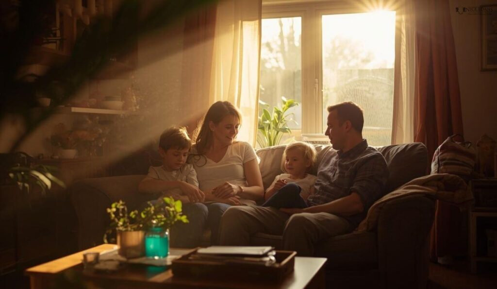 a family of four on their living room couch.