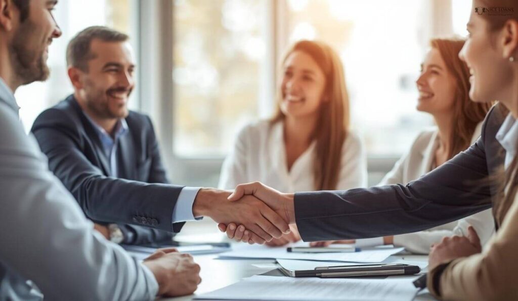 A group of people at a meeting in a pleasant mood. 
