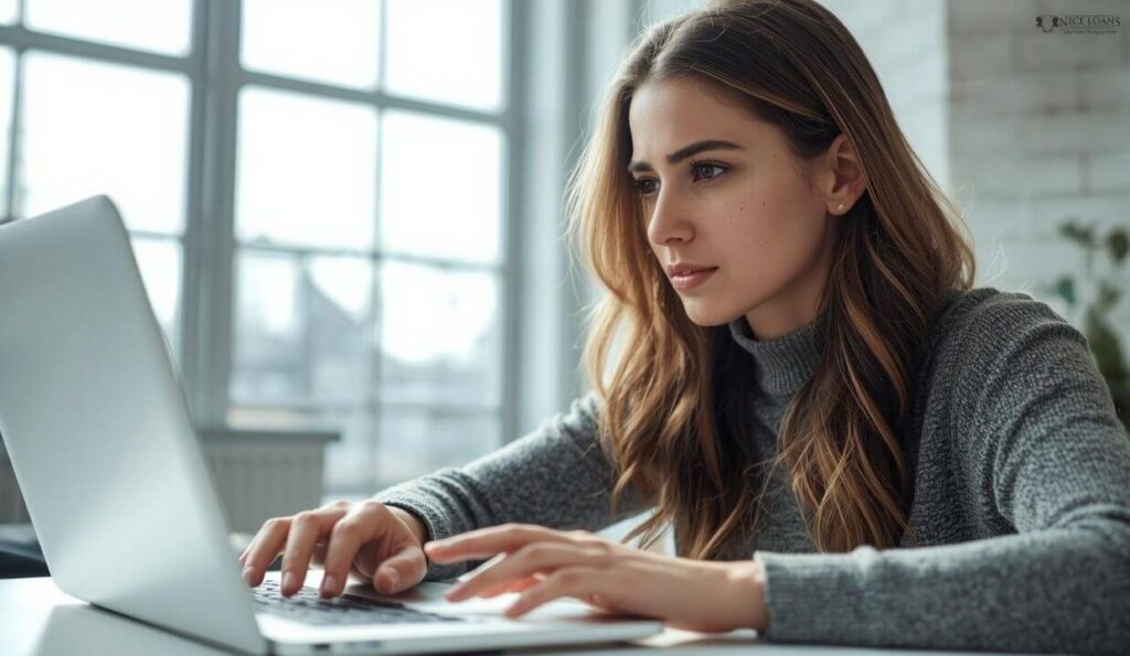 a woman on her laptop focused as she types. 