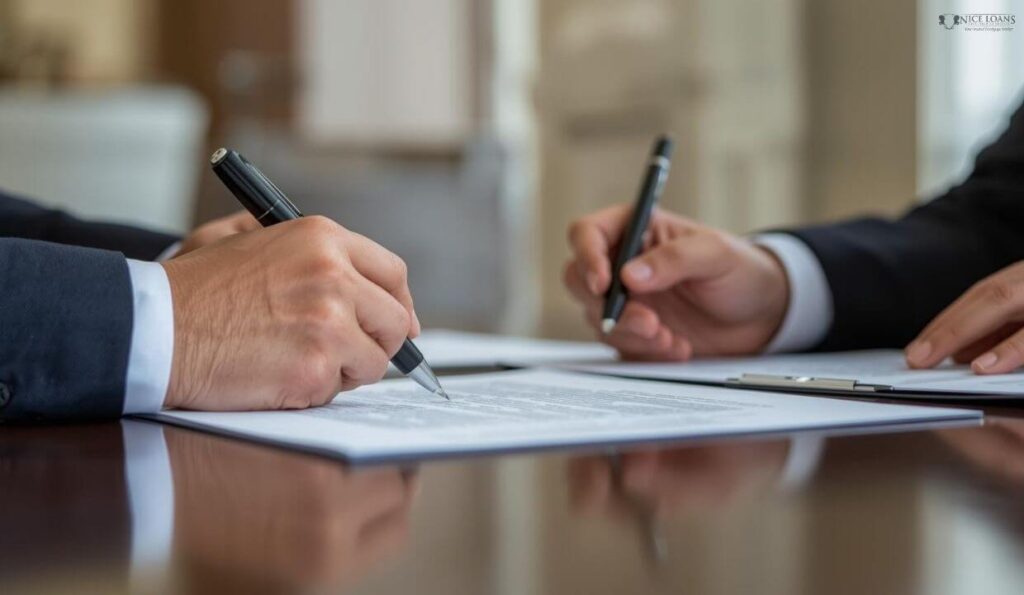 Two professionals reviewing a contract. 