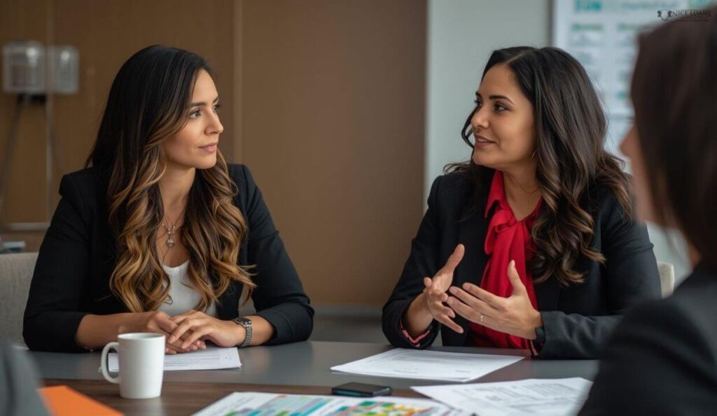 Two women at a professional setting engaged in a conversation. 