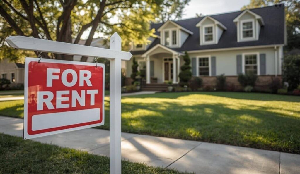 A home with a for rent sign hanging just a little before it.