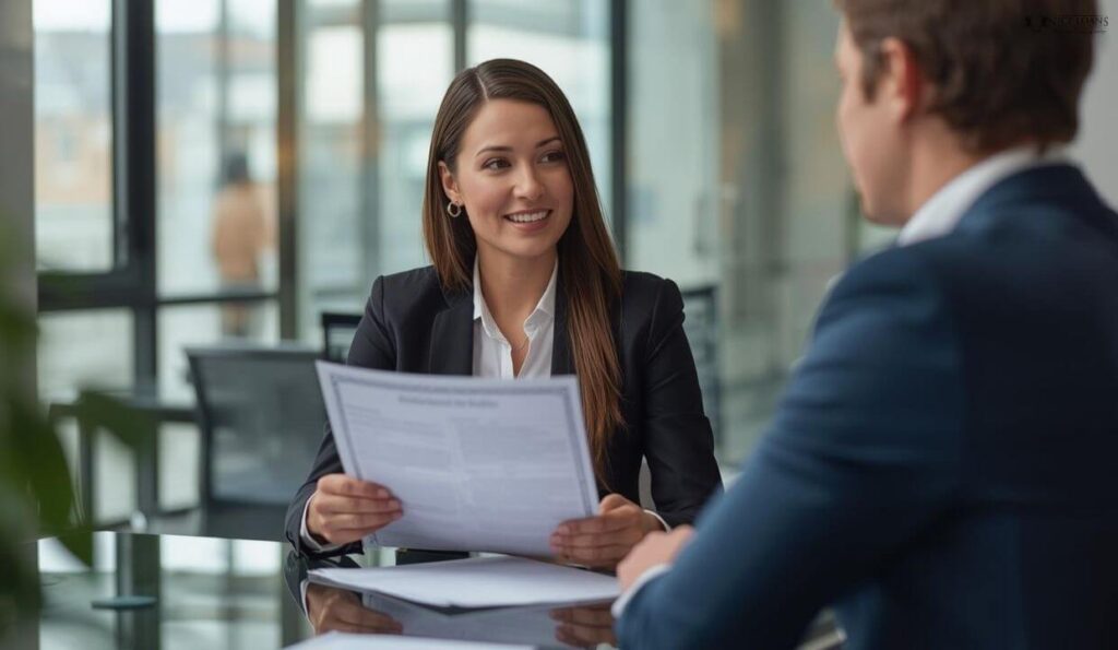 Two professionals at a table talking. 