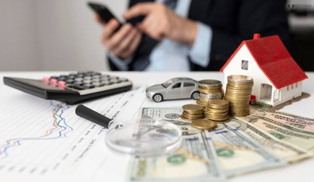 An assortment of home financing elements before a man in a suit. 