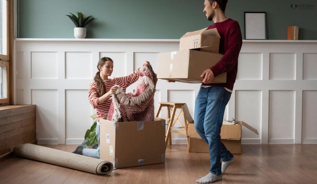a couple in their new home after loan settlement with move-in, boxes, figuring out their decor.