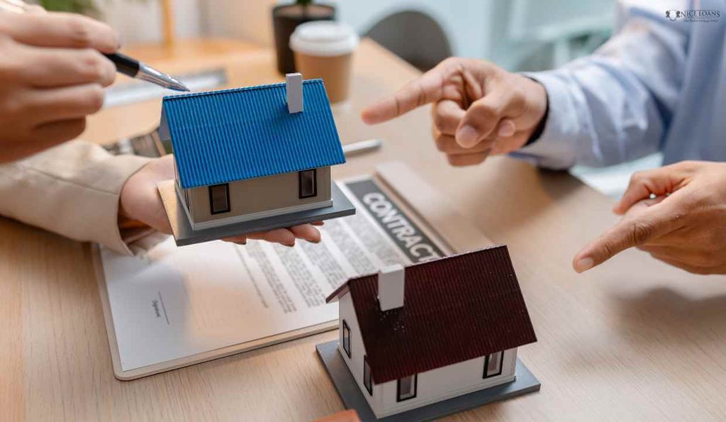 a real estate agent and home buyer pointing as they negotiate a home purchase price before signing a contract